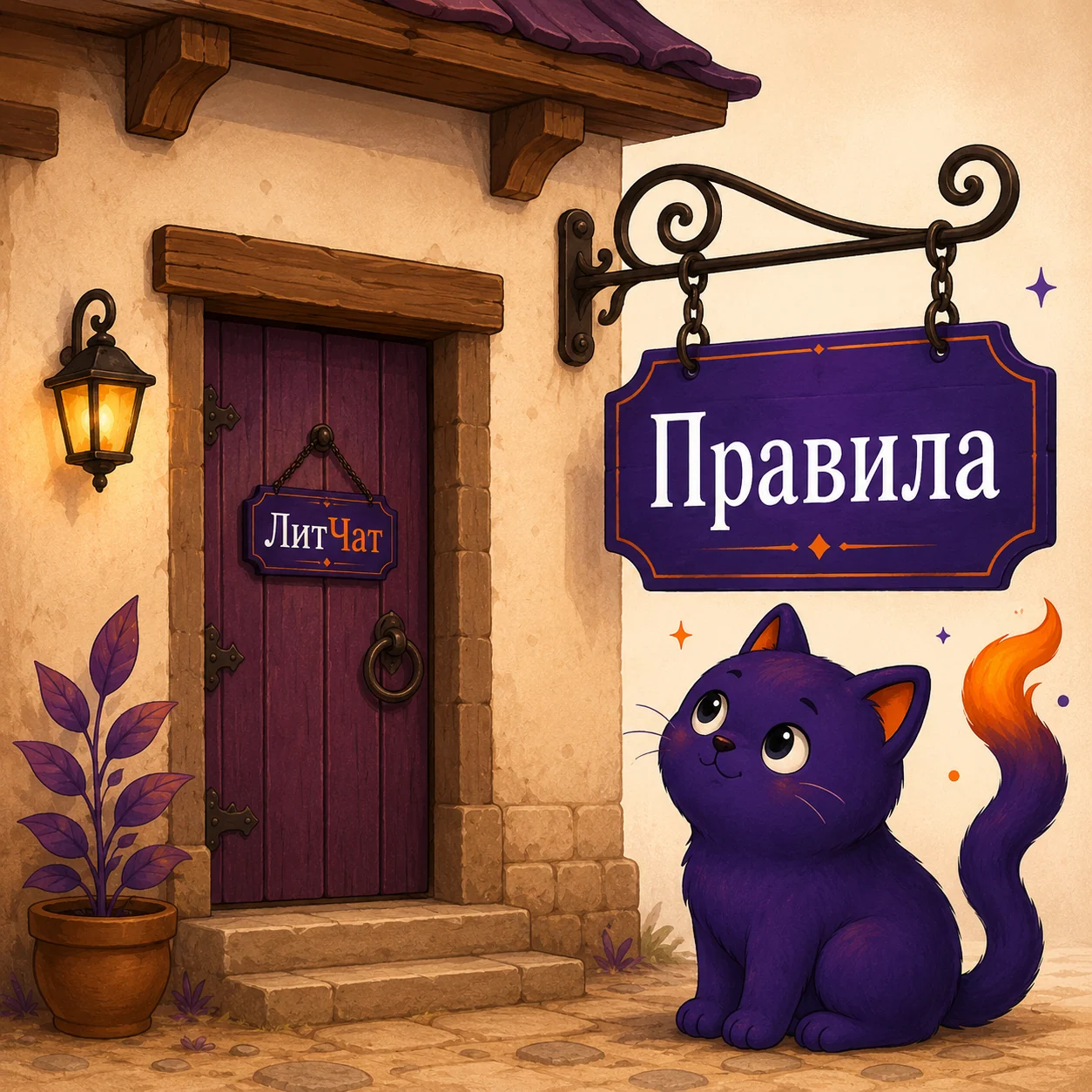 Кот ЛитЧата у двери с правилами сообщества